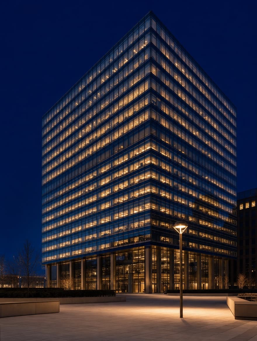 Torre corporativa de cristal con luces interiores doradas — sector comercial