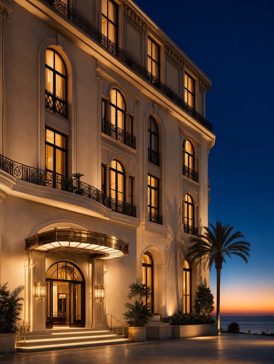 Hotel de lujo con fachada de piedra y luces cálidas — sector hotelero