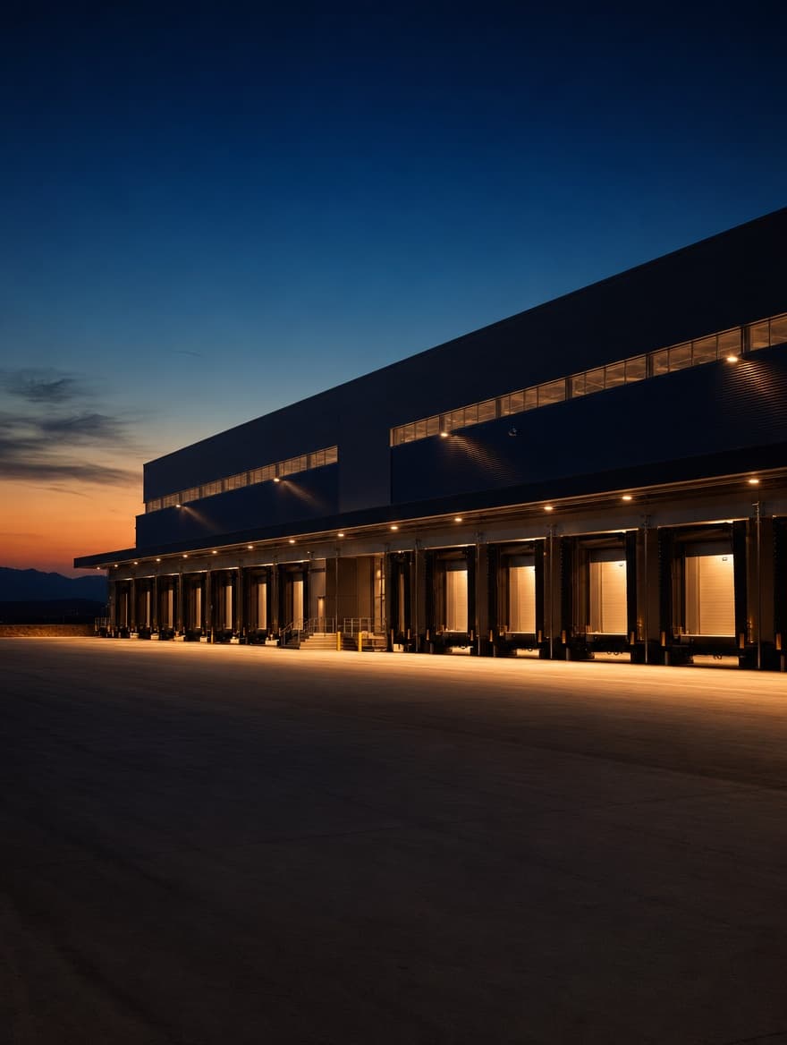 Centro logístico con muelles iluminados al anochecer — sector logístico