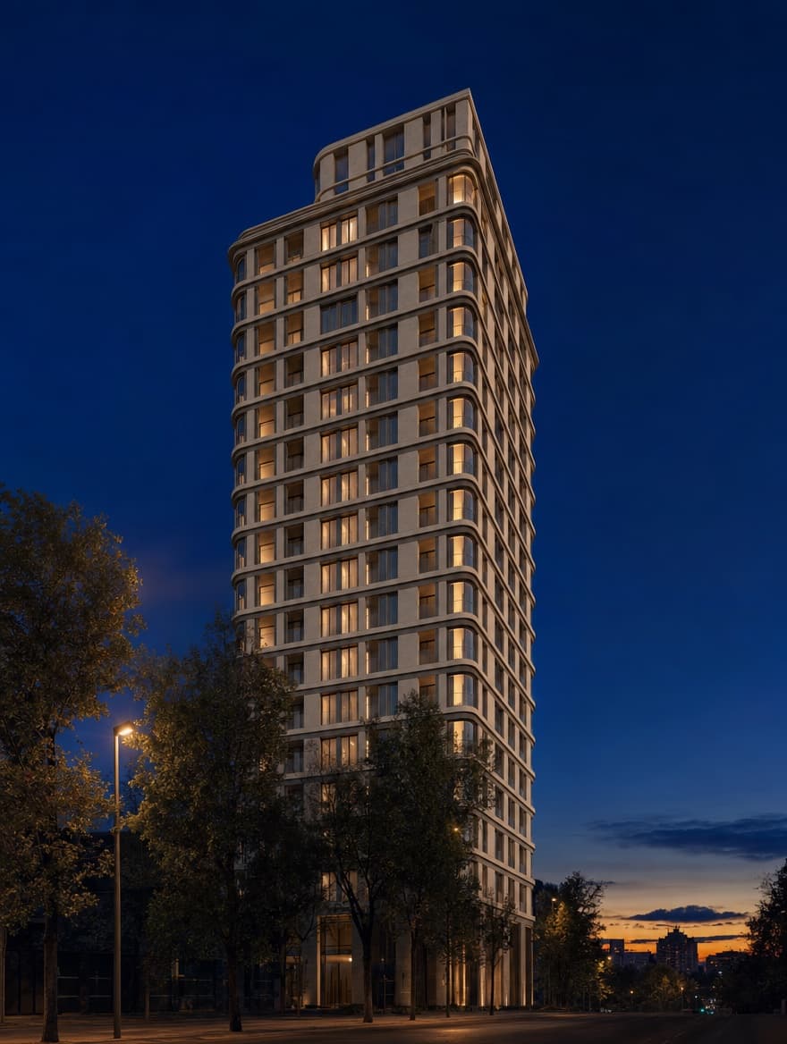 Edificio residencial premium al anochecer en Madrid — sector residencial